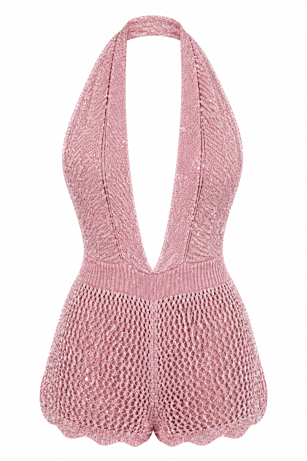 Astrid Crochet Knit Plunge Playsuit - Pink