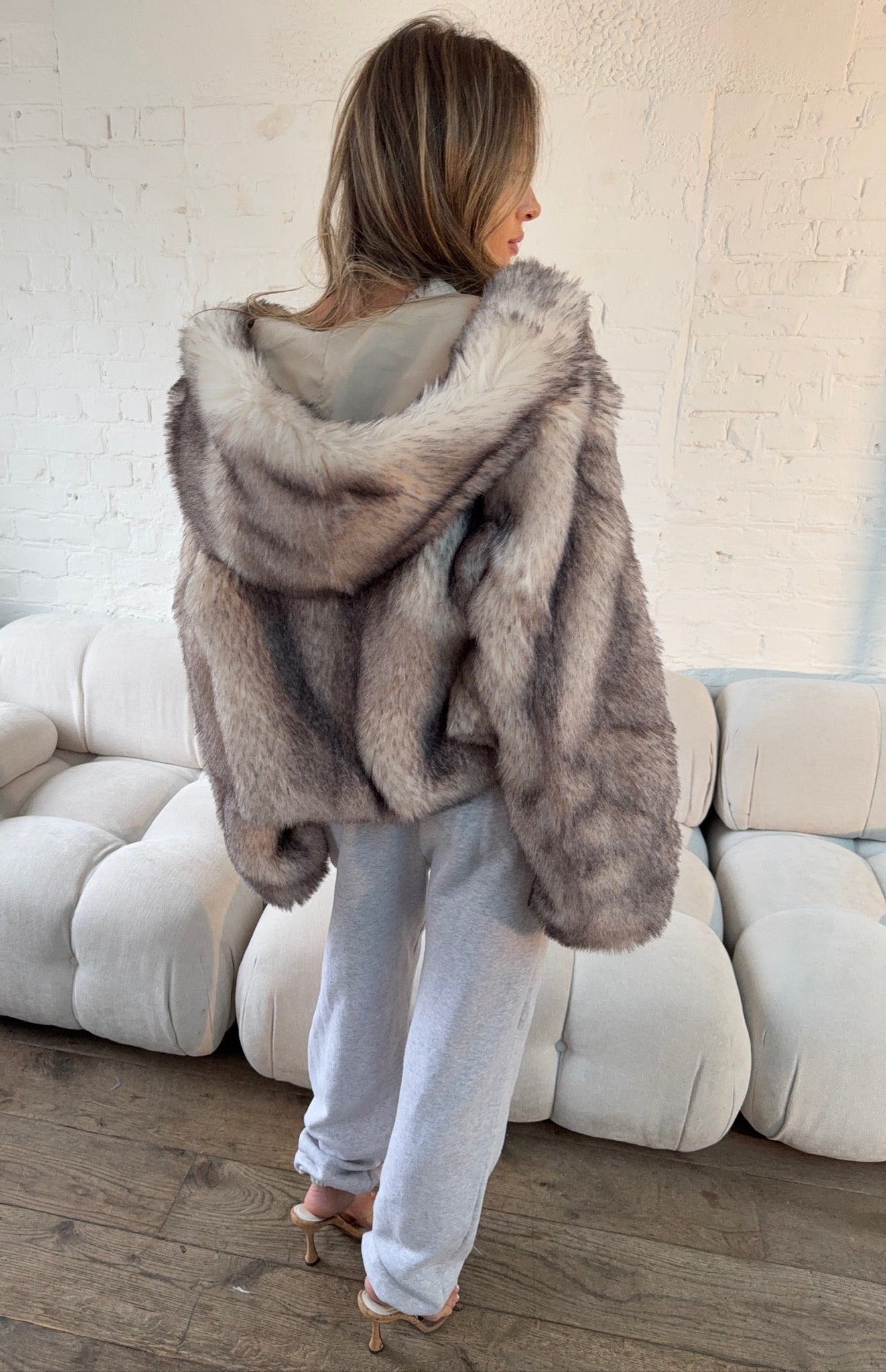 Hooded Faux Fur Jacket - Grey