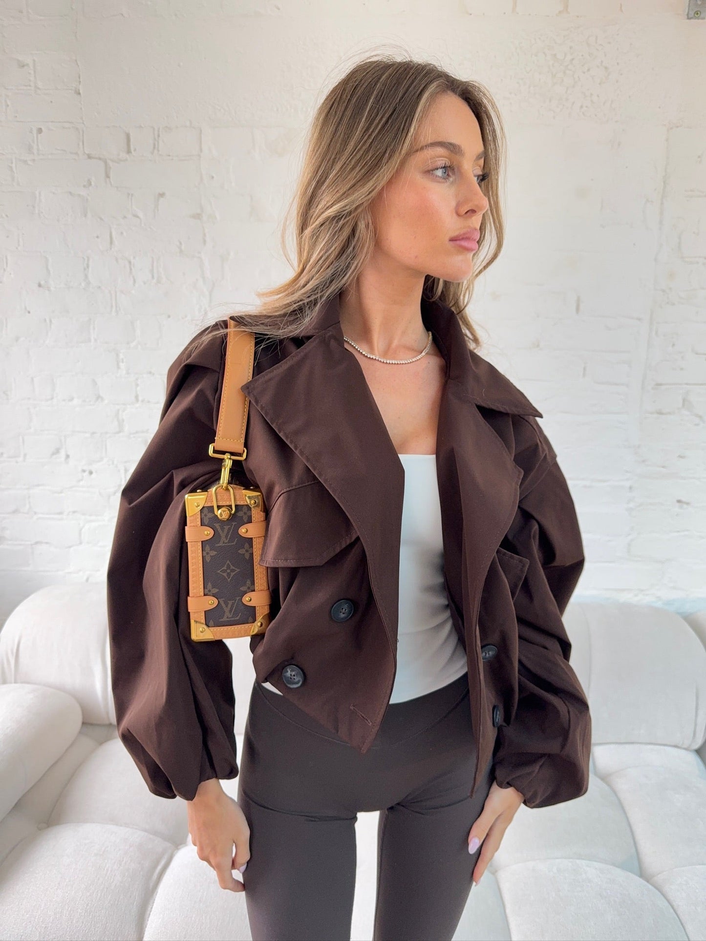 Balloon Sleeve Cropped Trench Jacket - Brown
