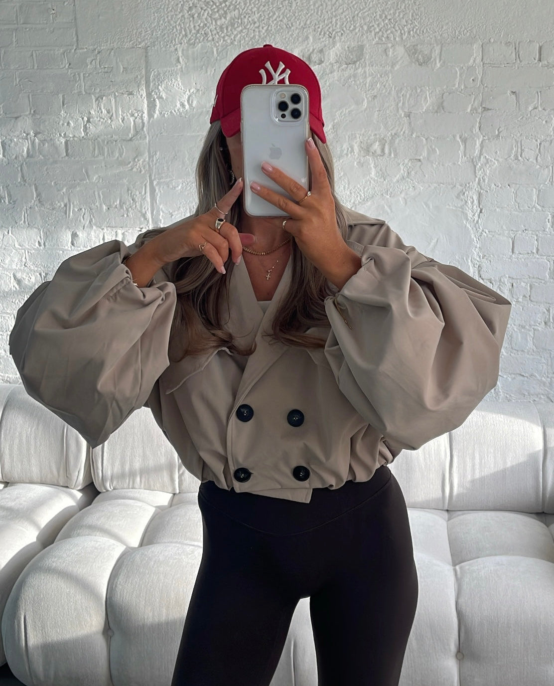 Balloon Sleeve Cropped Trench Jacket - Cream