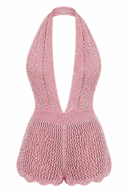 Astrid Crochet Knit Plunge Playsuit - Pink