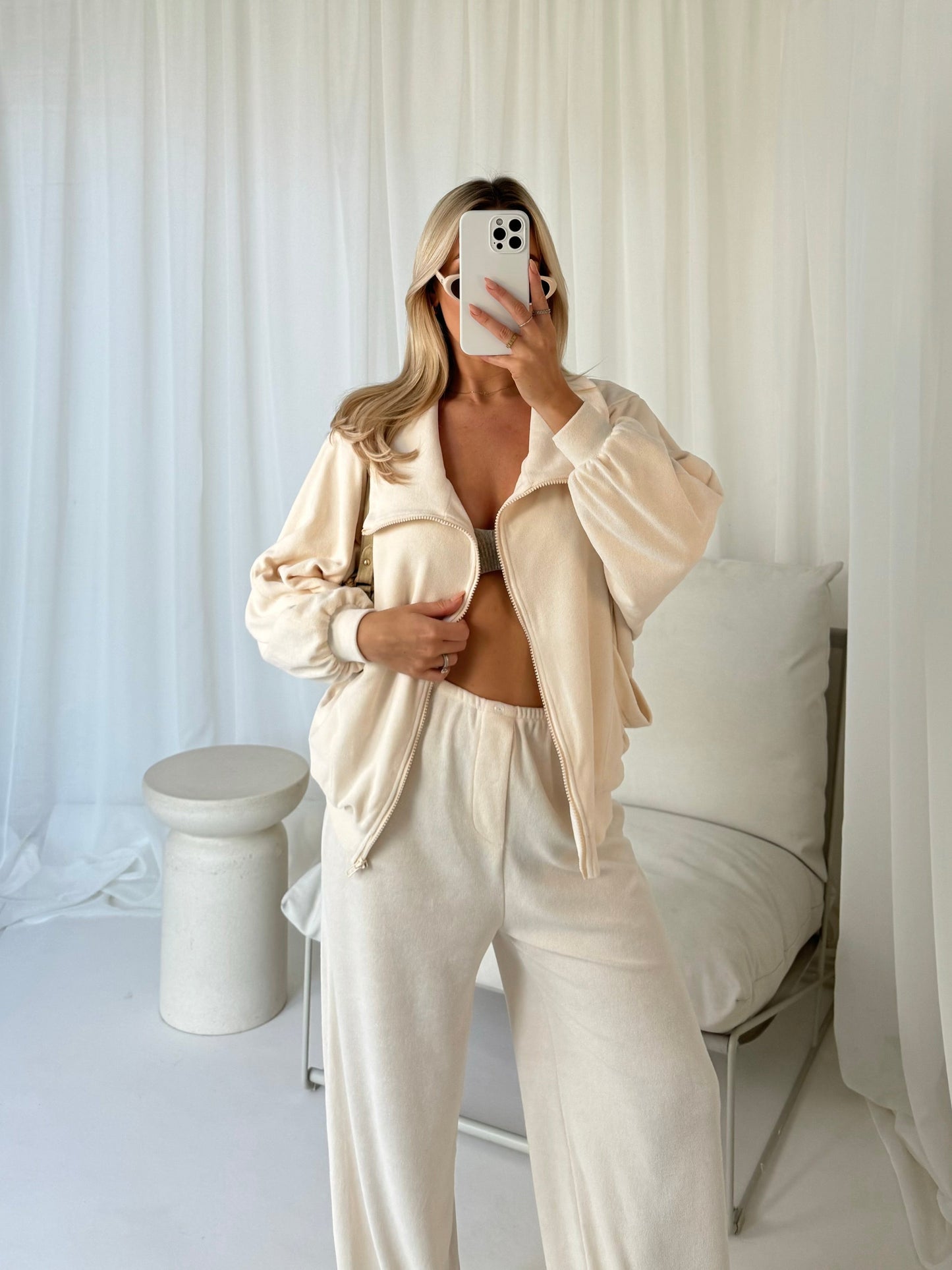 Towelling Funnel Neck Jacket - Cream