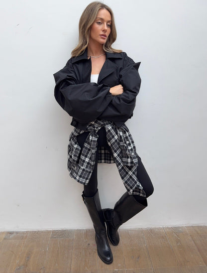 Balloon Sleeve Cropped Trench Jacket - Black