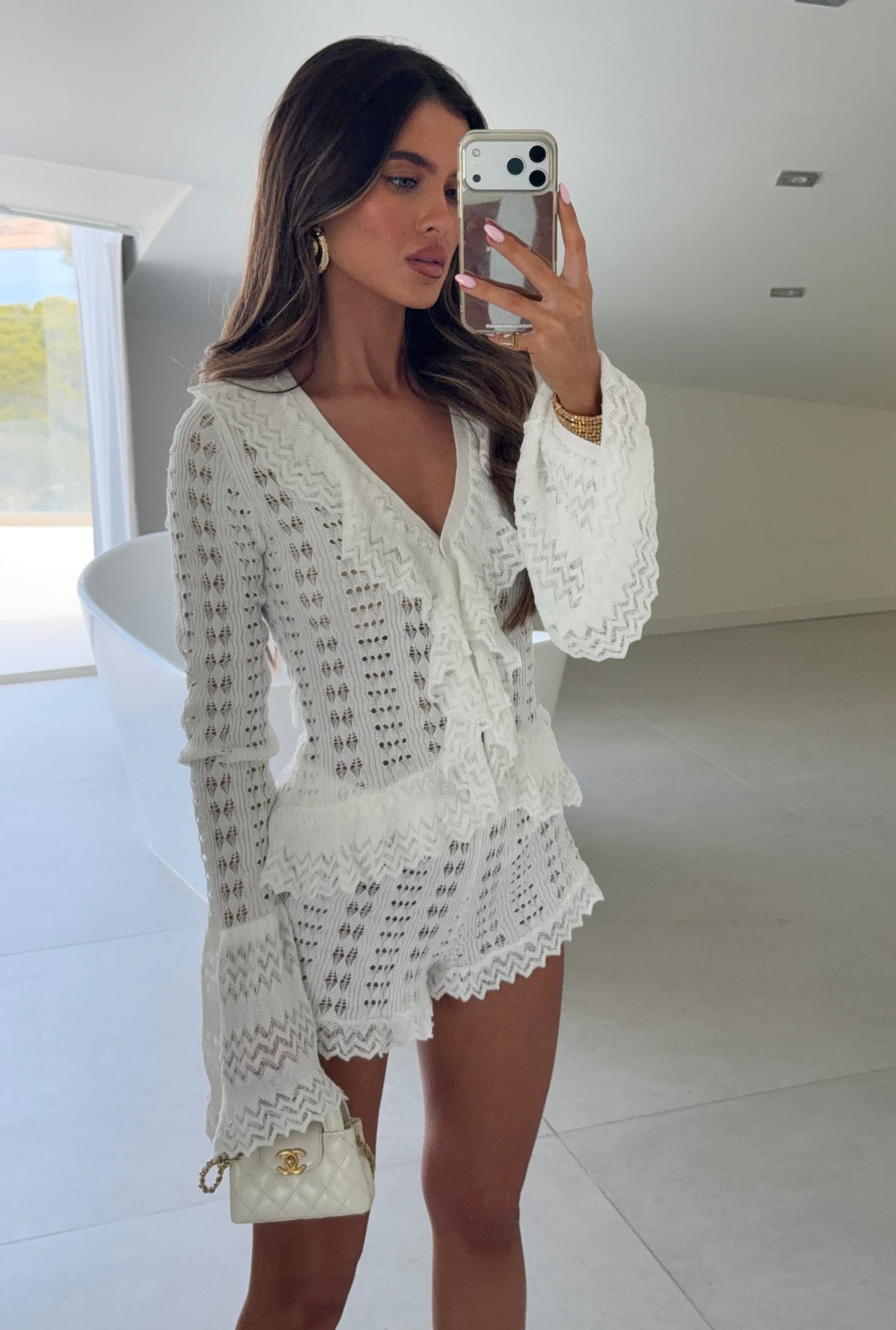 Verde Ruffle Knit Shorts/Cardigan Co-Ord - Ivory