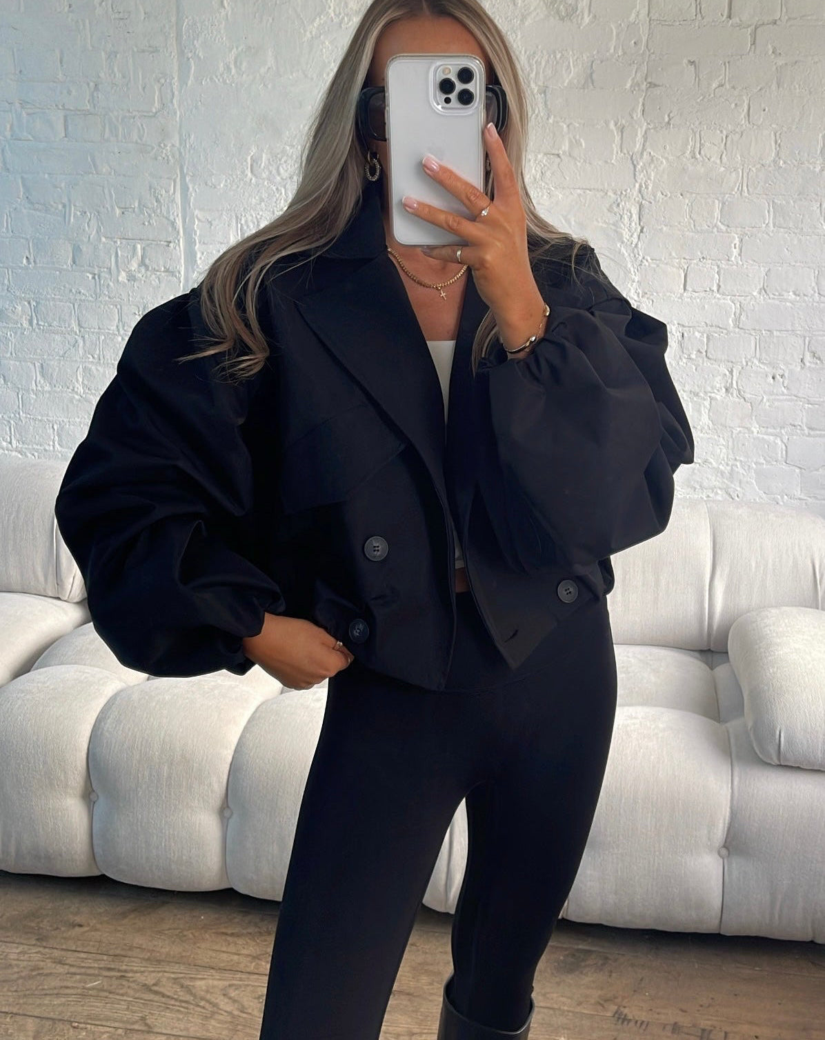 Balloon Sleeve Cropped Trench Jacket - Black