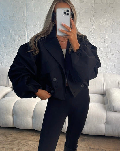 Balloon Sleeve Cropped Trench Jacket - Black