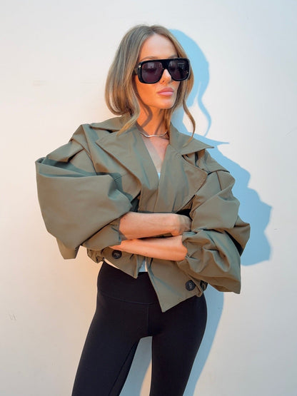 Balloon Sleeve Cropped Trench Jacket - Khaki