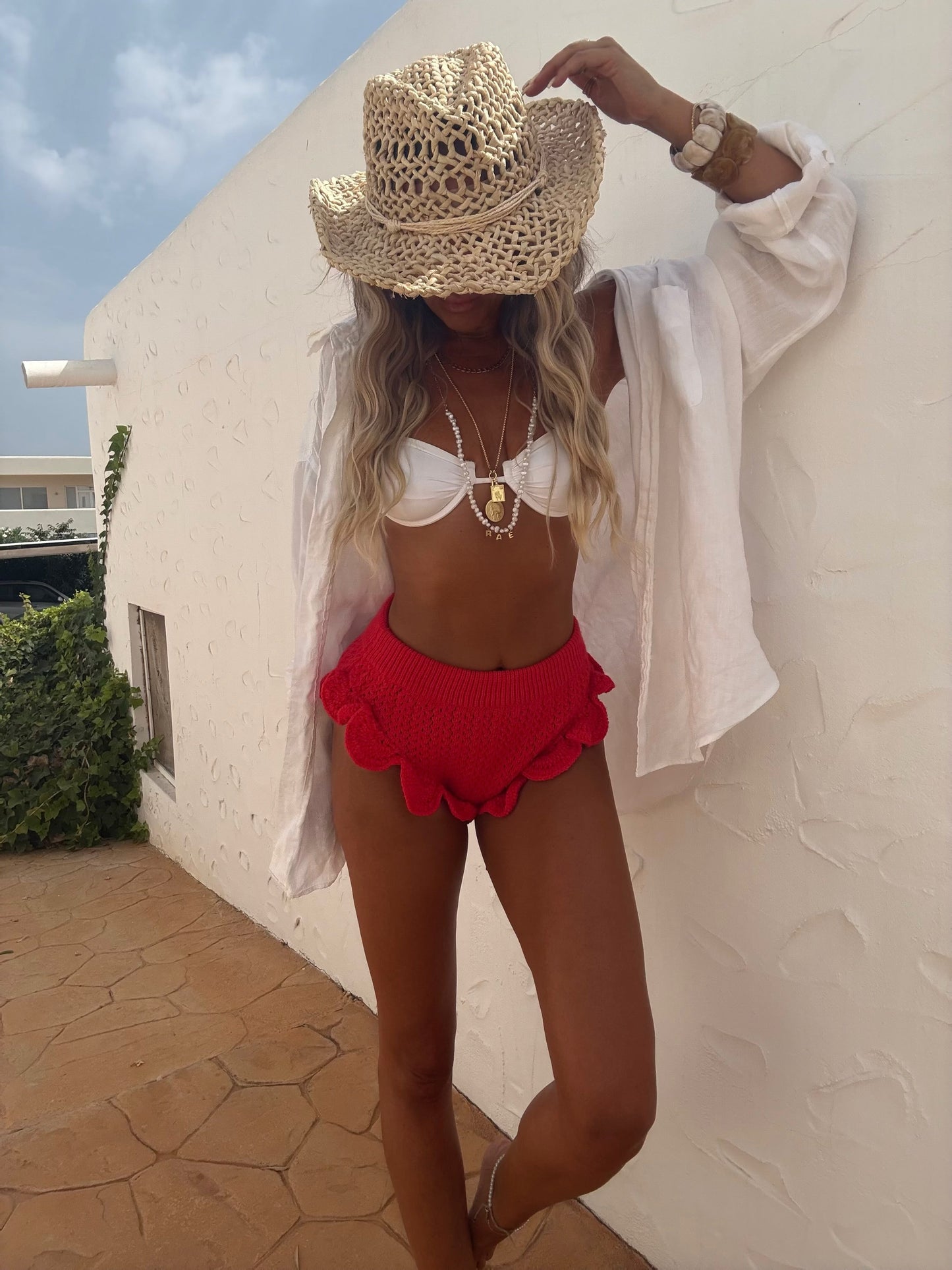 Handmade Ruffle Scalloped Mini Shorts - Red