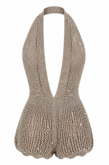 Astrid Crochet Knit Plunge Playsuit - Bronze
