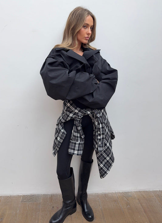Balloon Sleeve Cropped Trench Jacket - Black