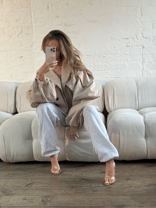 Balloon Sleeve Cropped Trench Jacket - Cream