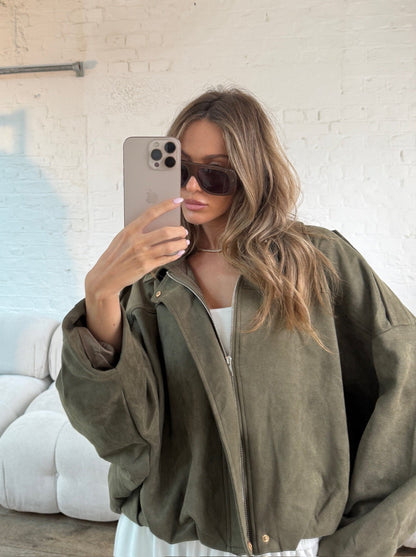 Suede Style Oversized Jacket - Khaki
