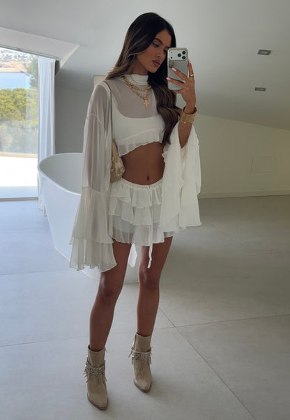 Fleur Ruffle Sleeve Frill Shorts Co-Ord - Ivory