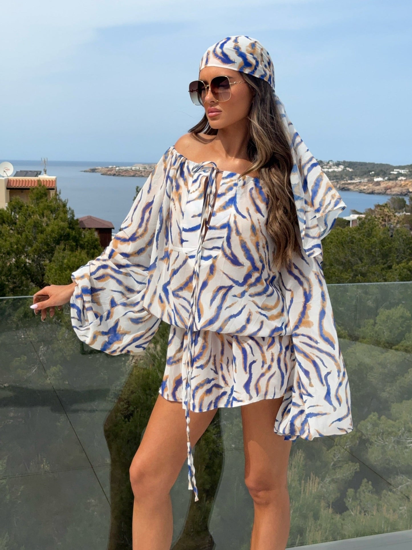 Zanti Sheer Bardot Dress - Azure Print