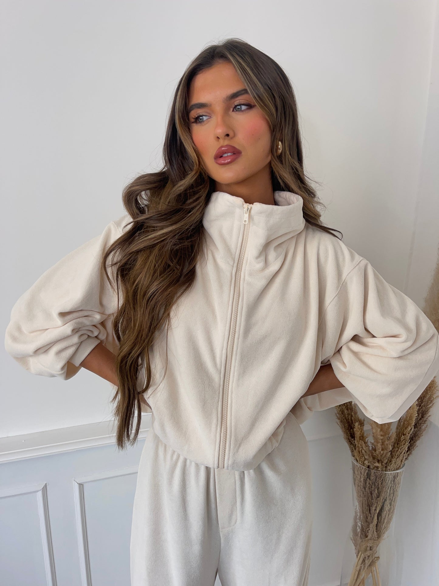 Towelling Funnel Neck Jacket - Cream