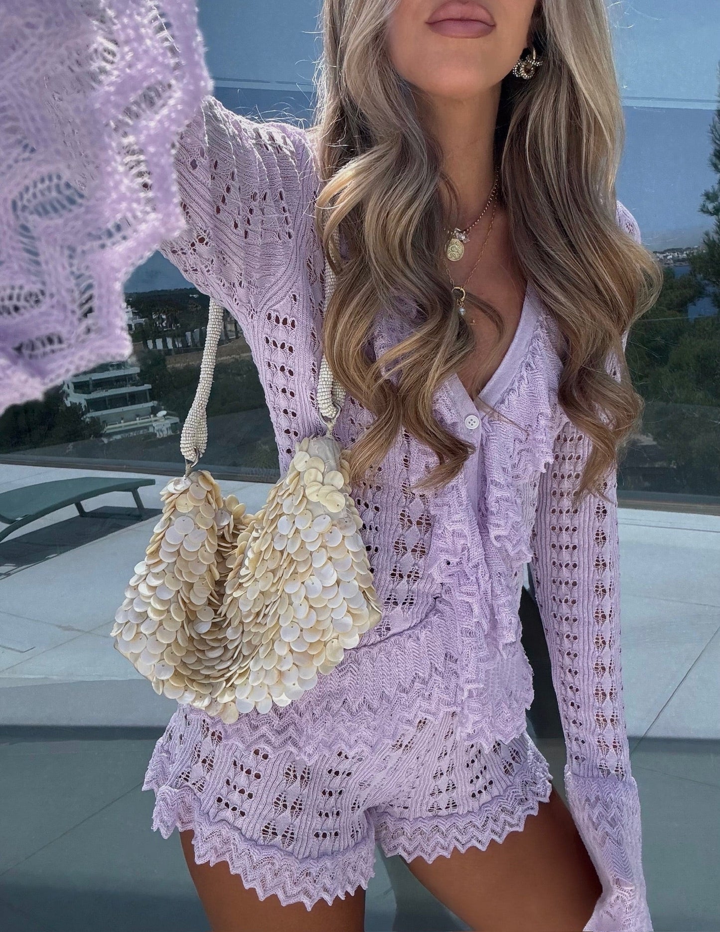Verde Ruffle Knit Shorts/Cardigan Co-Ord - Lilac