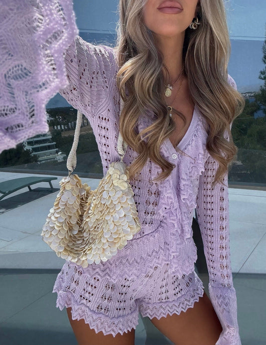 Verde Ruffle Knit Shorts/Cardigan Co-Ord - Lilac