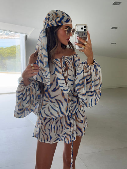 Zanti Sheer Bardot Dress - Azure Print