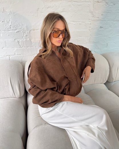 Suede Style Oversized Jacket - Chocolate