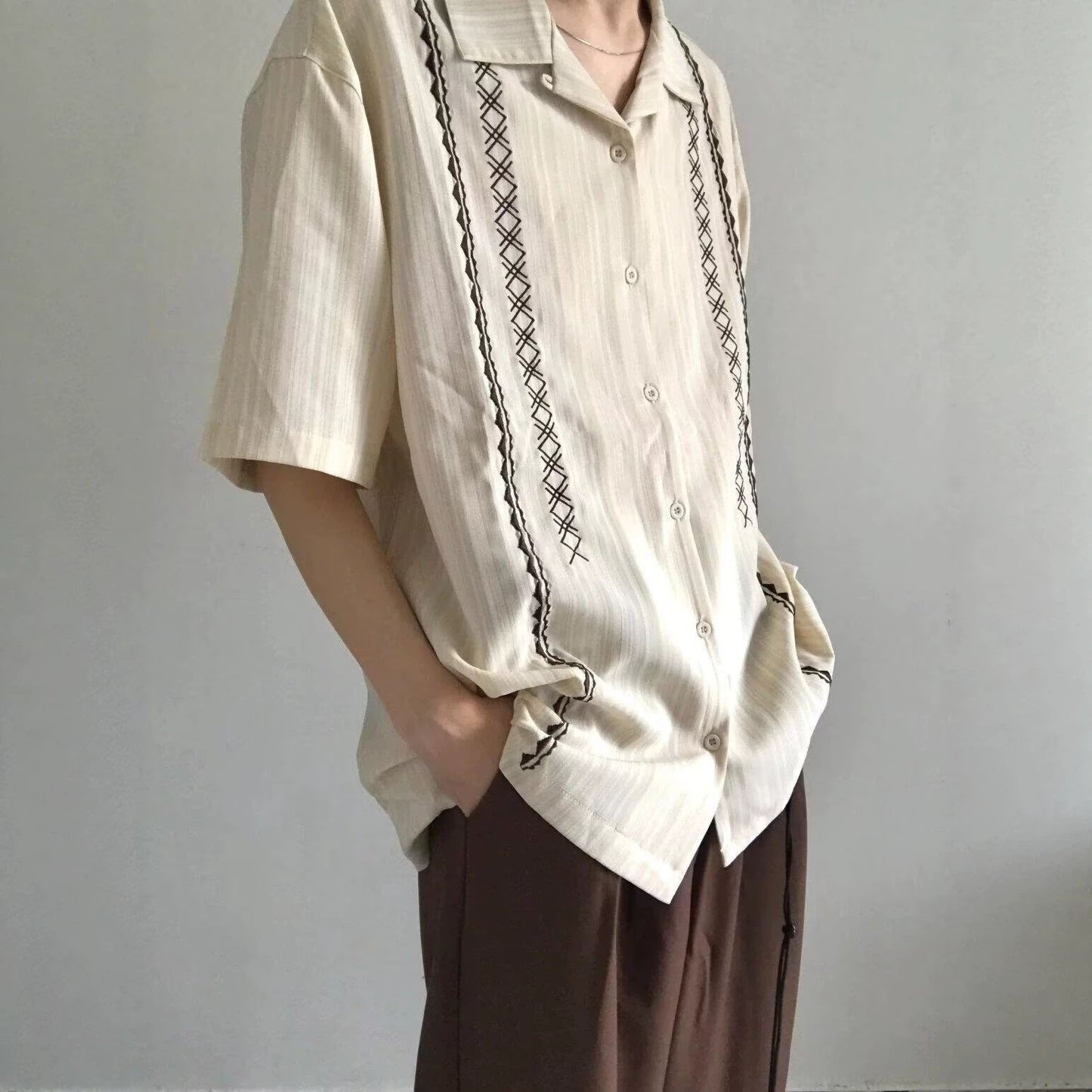 Cuban Collar Ethnic Style Short Sleeve Shirt for Men