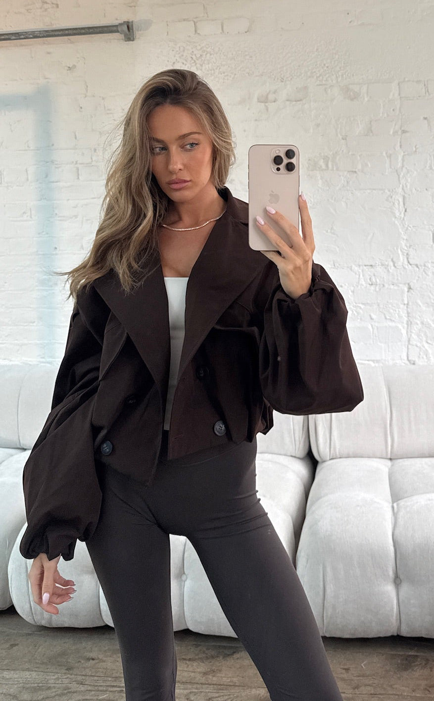 Balloon Sleeve Cropped Trench Jacket - Brown