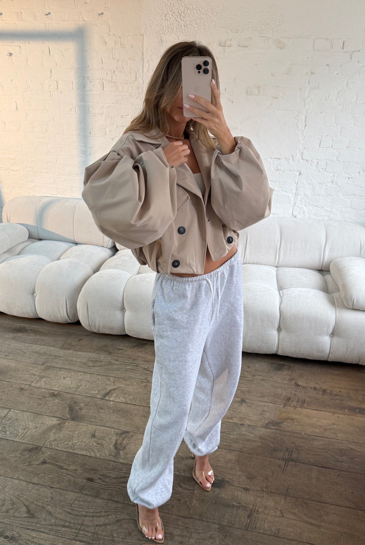 Balloon Sleeve Cropped Trench Jacket - Cream