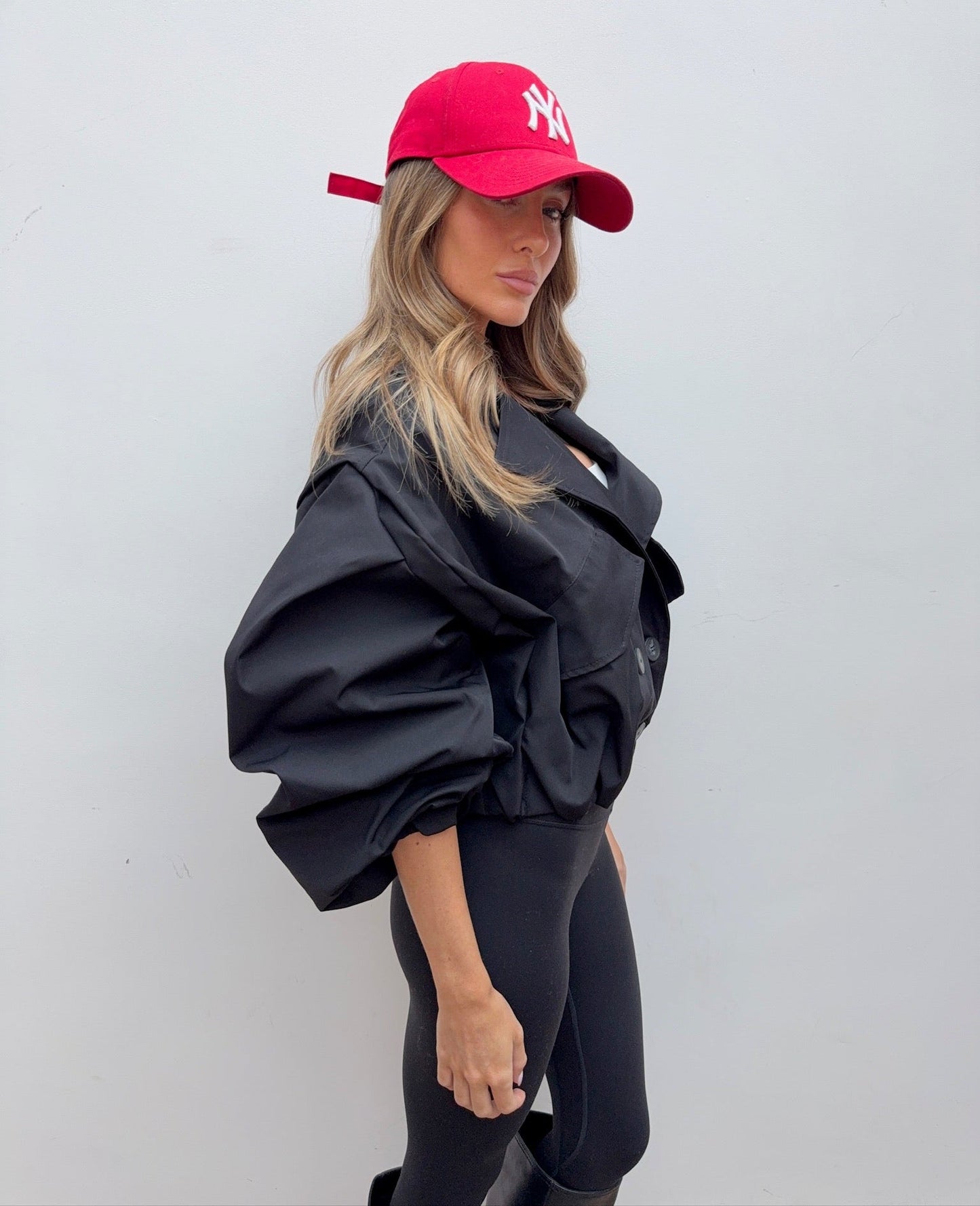 Balloon Sleeve Cropped Trench Jacket - Black