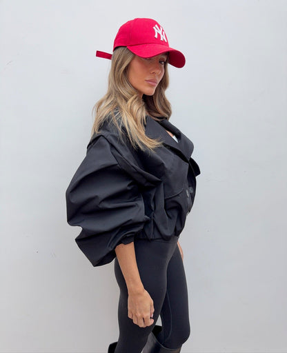 Balloon Sleeve Cropped Trench Jacket - Black