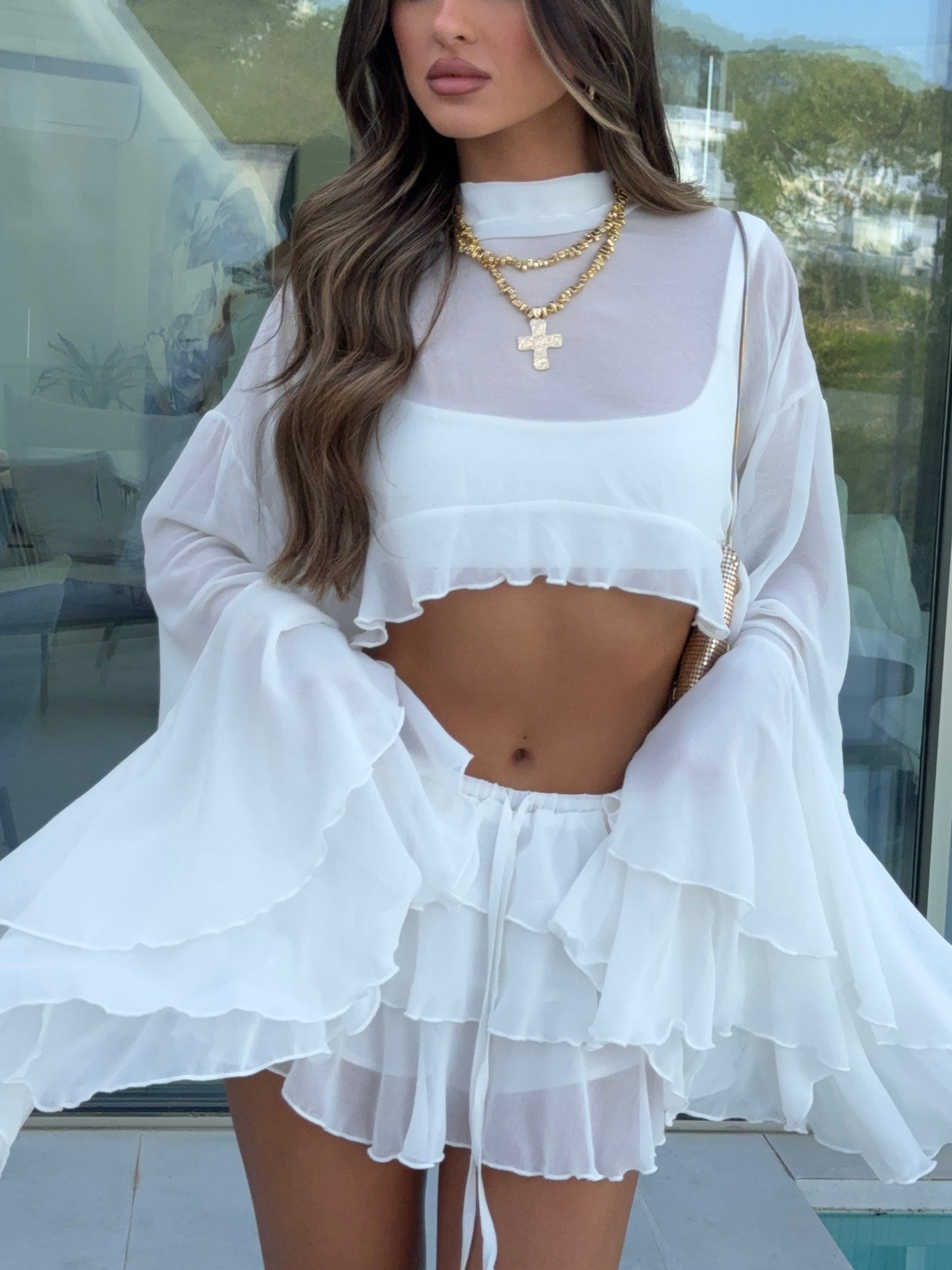 Fleur Ruffle Sleeve Frill Shorts Co-Ord - Ivory