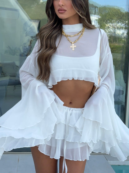 Fleur Ruffle Sleeve Frill Shorts Co-Ord - Ivory
