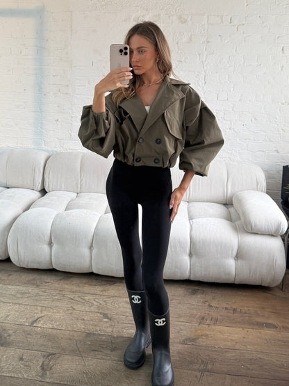 Balloon Sleeve Cropped Trench Jacket - Khaki