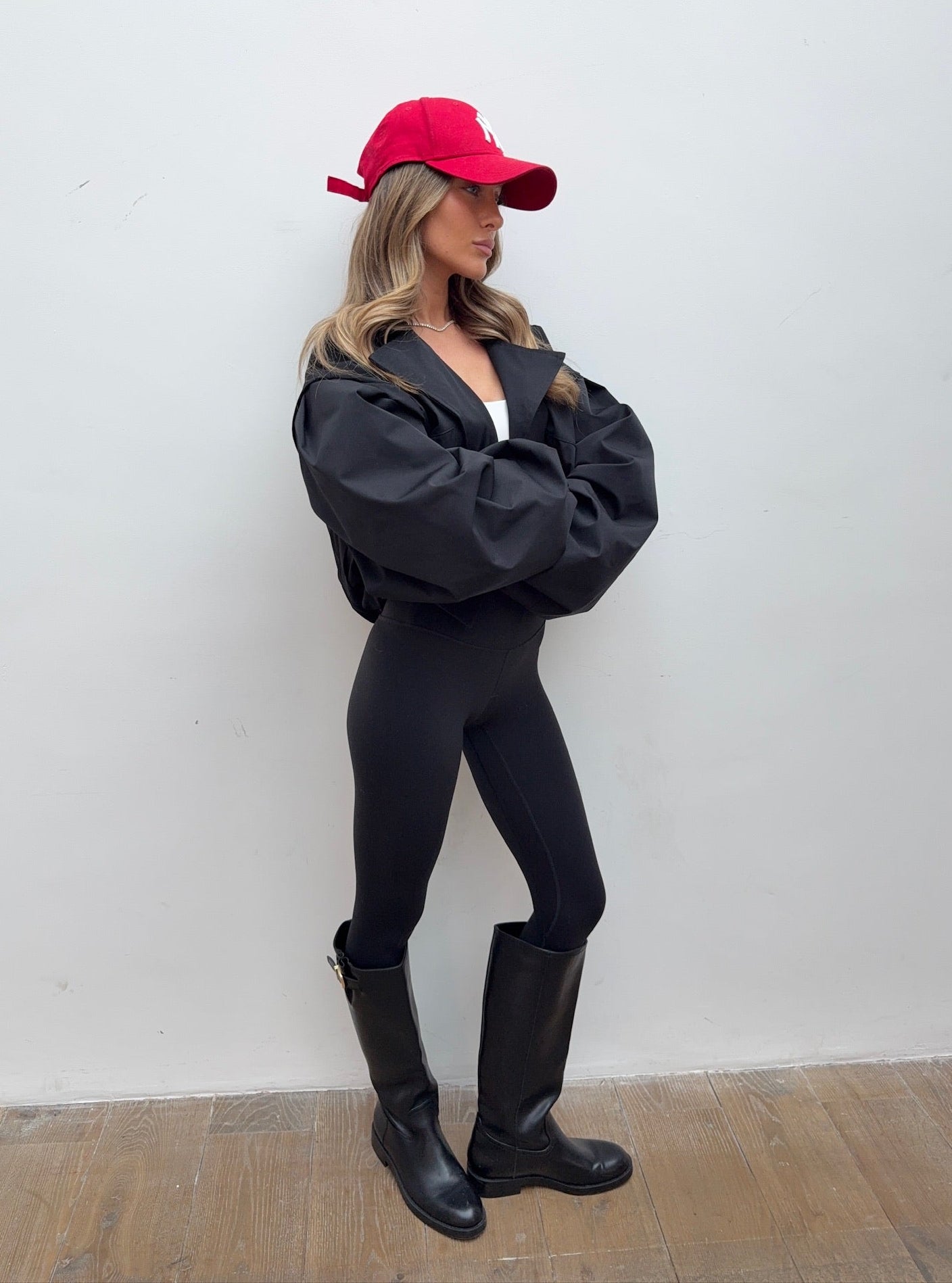 Balloon Sleeve Cropped Trench Jacket - Black